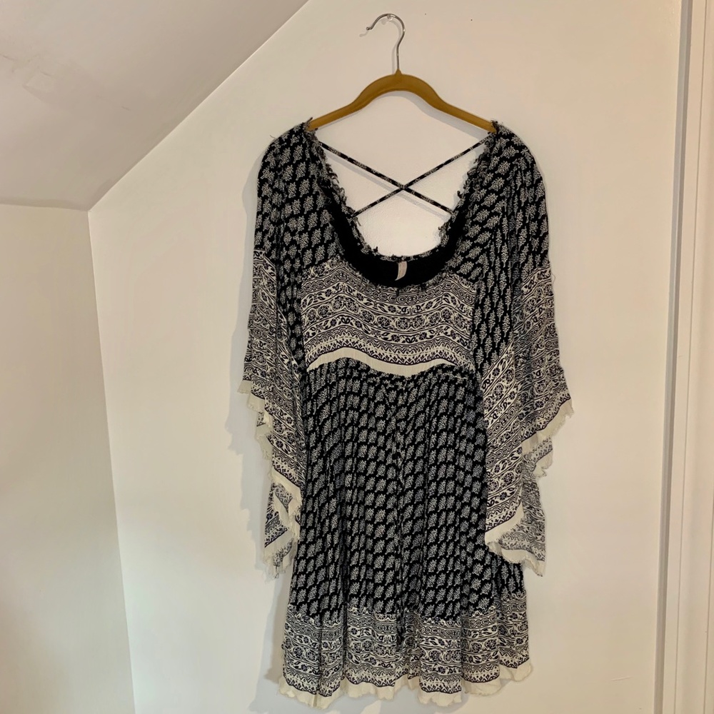 Free People “Heart of Gold” Navy and White Boho Print Mini Dress - Picture 6 of 10